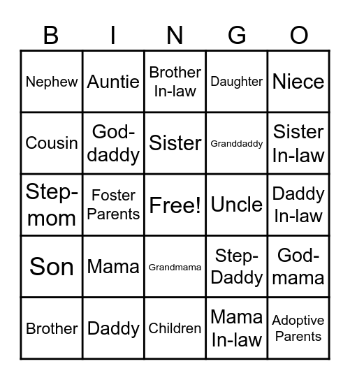 Family Members Bingo Card