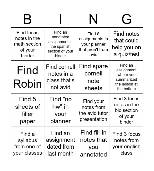 Binder Bingo Card