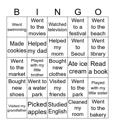 What Did You Do During Summer Vacation? Bingo Card