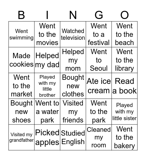 What Did You Do During Summer Vacation? Bingo Card