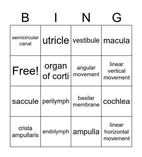 inner ear bingo Card