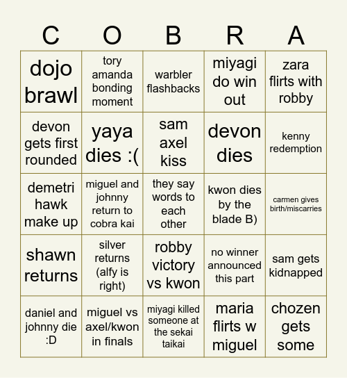 Cobra Kai Bingo Card