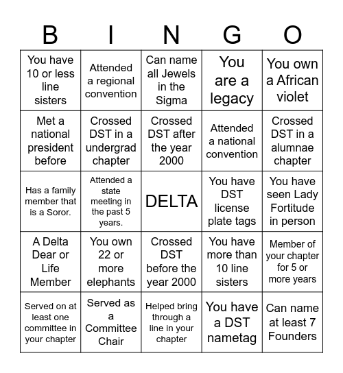 Delta Sigma Theta Bingo Card