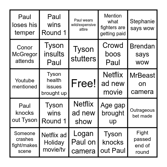 TYSON V JAKE PAUL Bingo Card