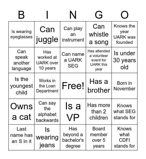 UARK Bingo Card