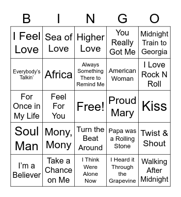 Cover Songs Bingo Card
