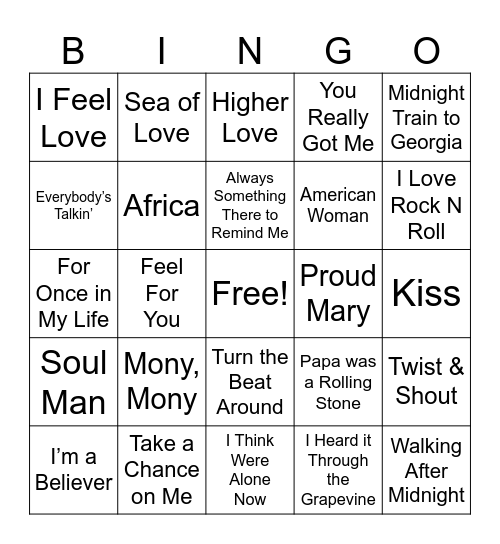 Cover Songs Bingo Card