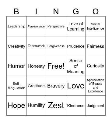 Character Traits and Strenghts Bingo Card