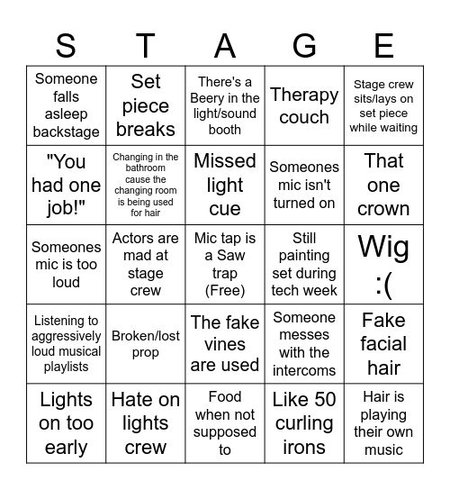 MHS Theater Tech/backstage/pre-show Edition Bingo Card