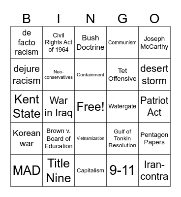 American History Final Bingo Card