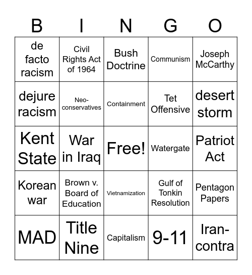 American History Final Bingo Card