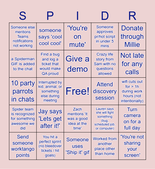 Spider Team Bingo! Bingo Card