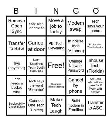 Technician Support Bingo!!! Bingo Card