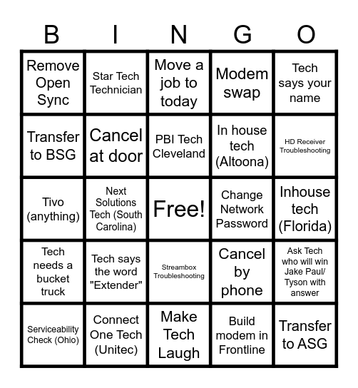 Technician Support Bingo!!! Bingo Card