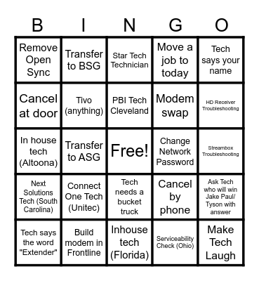 Technician Support Bingo!!! Bingo Card