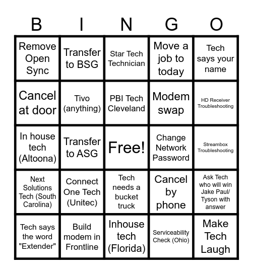 Technician Support Bingo!!! Bingo Card