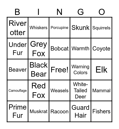 PA Mammal Bingo Card