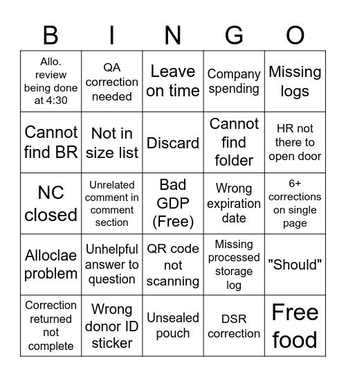 QA Bingo Card