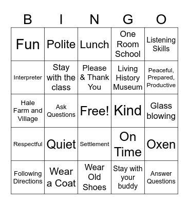 Hale Farm Field Trip Bingo Card
