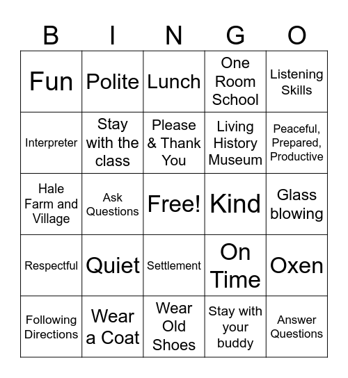 Hale Farm Field Trip Bingo Card