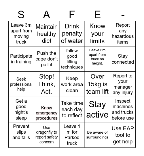 Safe-T-Game Bingo Card