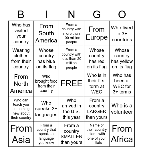 WEC Community Geography Bingo! Bingo Card