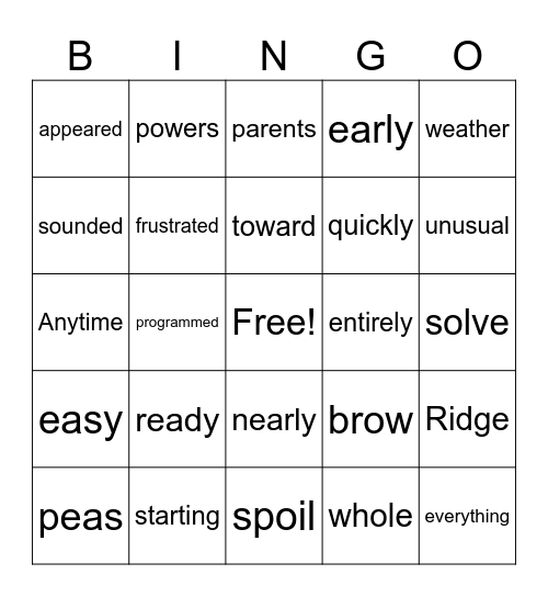 4th Grade Bingo Card
