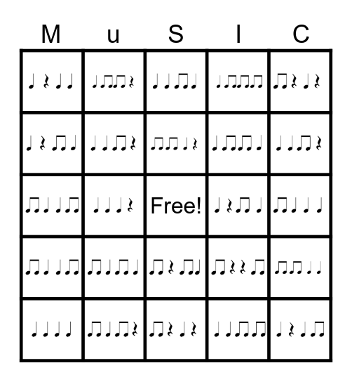 Rhythm Bingo: Quarter Note/Rest and Double-Eighth Notes Bingo Card