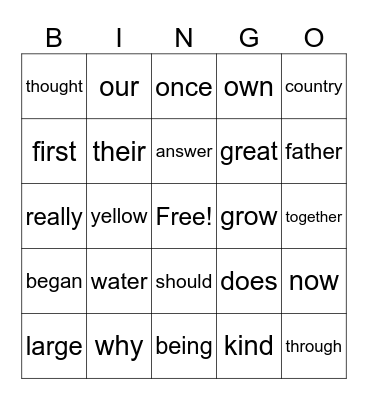 2nd Grade Bingo Card
