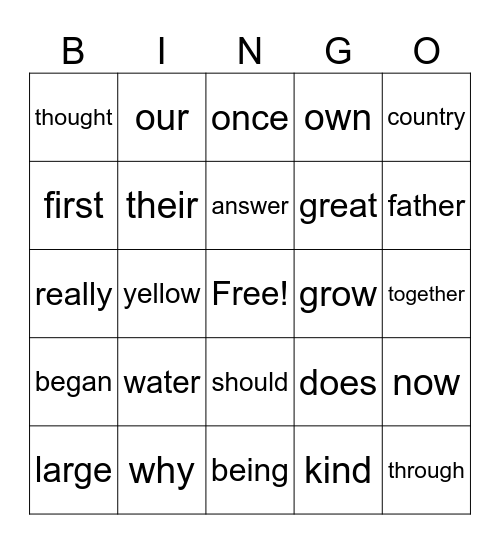2nd Grade Bingo Card