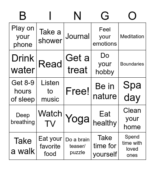 Self-Care Bingo Card