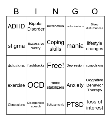 Mental Health Conditions Bingo Card