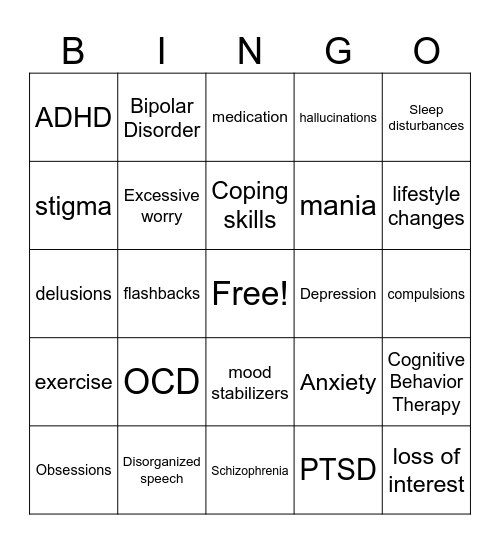 Mental Health Conditions Bingo Card