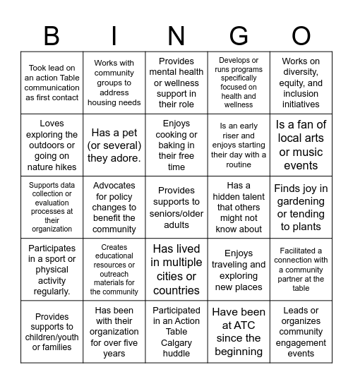 Action Table Calgary Bingo Card