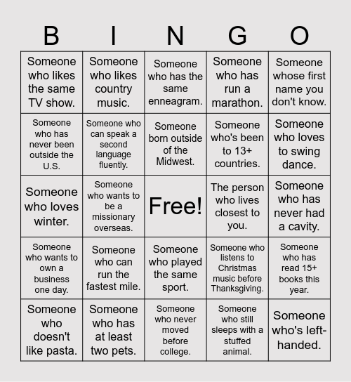 Get to Know You Bingo Card