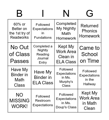 Behavior Expectation BINGO Card