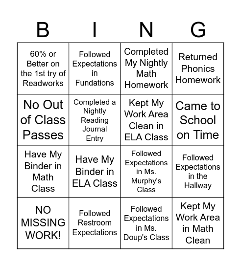 Behavior Expectation BINGO Card