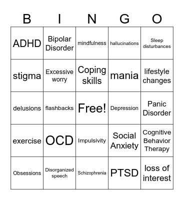 Mental Health Conditions Bingo Card