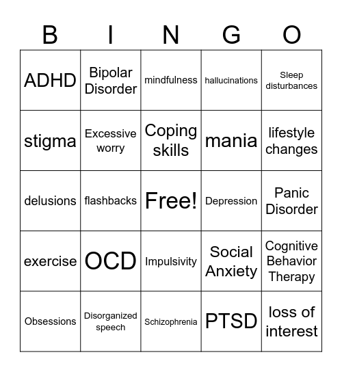 Mental Health Conditions Bingo Card