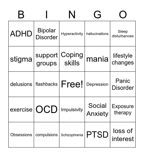 Mental Health Conditions Bingo Card