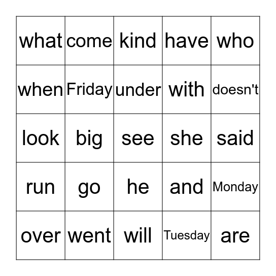 sight words 1 + days Bingo Card