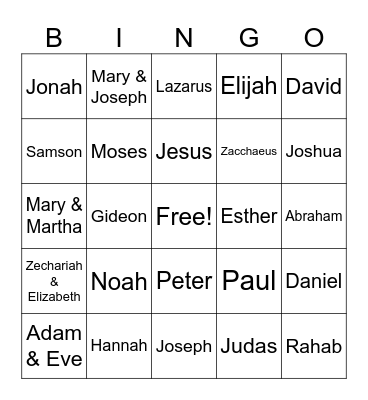 BIBLE BINGO:  People in the Bible Bingo Card