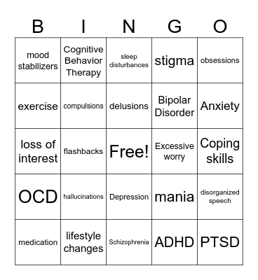 Mental Health Conditions Bingo Card