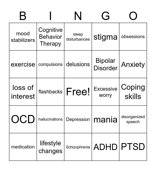 Mental Health Conditions Bingo Card