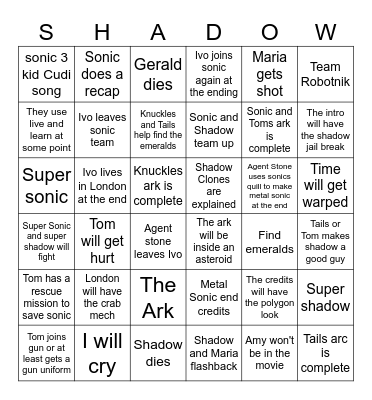 Sonic 3 Bingo Card