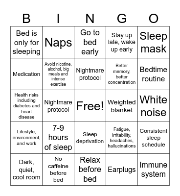 Sleep Hygiene Bingo Card