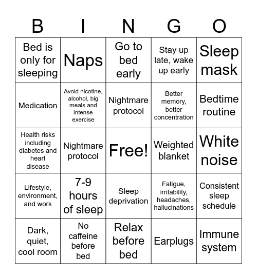 Sleep Hygiene Bingo Card