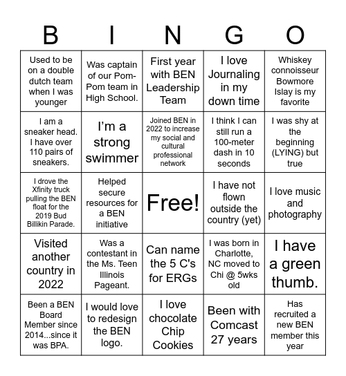 BEN Bingo Card