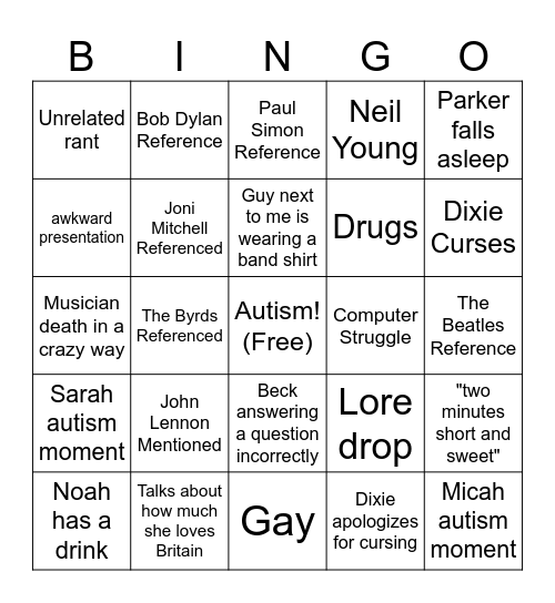 Dixie Bingo Card