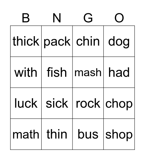 sh, ck, ch, th BINGO Card